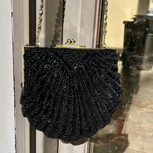 La Regale vintage black beaded bag w/long dark gray metal chain strap